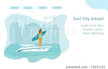 Speed yacht with surfer body positive woman in sea, ocean. Landing page for surf, surfing school. Vector stock illustration isolated for advertisement travel agency or yachting club, marine. EPS10 79241105
