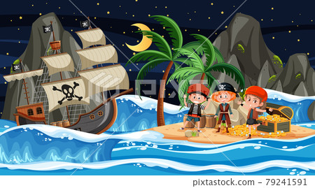 Treasure Island scene at night with Pirate kids - Stock Illustration ...