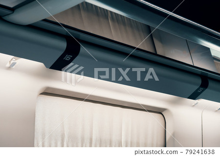Shelf for bags and suitcases in the modern european train, luggage space. 79241638