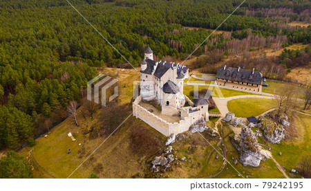 Morning aerial view on the medieval royal castle Bobolice. Poland 79242195