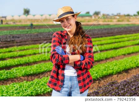 Woman farmer posing on leaf vegetables field 79242356