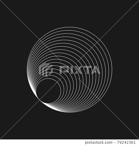 Retrofuturistic radial figure. Cyberpunk geometry of planet. Digital retro circle shape. Design element for poster, cover, merch in retrowave style. Vector 79242361