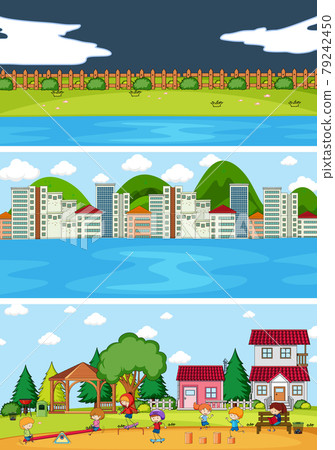 Set of different horizontal scenes background with doodle kids cartoon character 79242450