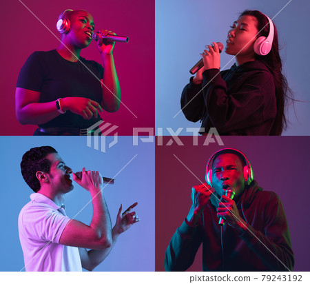 Close-up portraits of group of people singing isolated on dark background in neon light, collage. Close-up portraits of group of people singing isolated on dark background in neon light, collage. 79243192