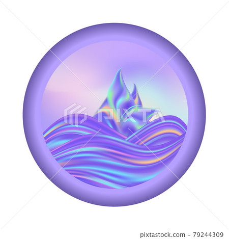 Sea travel emblem, holographic colors, waves and sail. Rainbow pastel  design for logo. Vector illustration 79244309