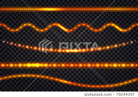 LED light garlands with neon glowing effect, with glitter and shiny sparkles Set of lines, strips and waves isolated on transparent background. Vector illustration 79244397