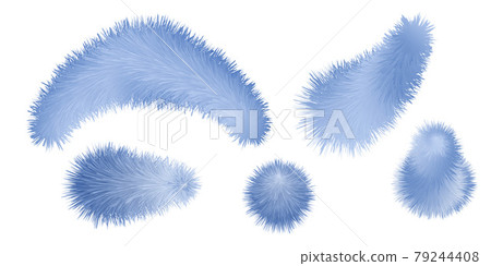 Fur blue pompom and brush set. Fluffy furry texture, set of various shapes isolated on white background. Vector illustration 79244408