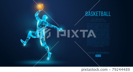 Abstract basketball player from particles, lines and triangles on blue background. All elements on a separate layers, color can be changed to any other. Low poly neon wire outline geometric vector 79244489