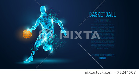 Abstract basketball player from particles, lines and triangles on blue background. All elements on a separate layers, color can be changed to any other. Low poly neon wire outline geometric vector 79244508