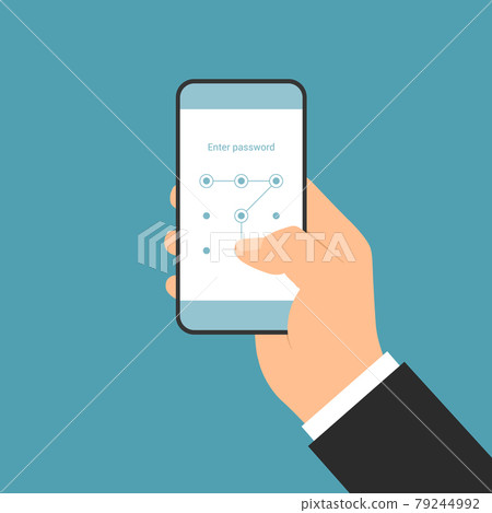 Flat design illustration of a manager's hand holding a smartphone with a login screen and entering a graphic passcode, vector Flat design illustration of a manager's hand holding a smartphone with a login screen and entering a graphic passcode, vector 79244992