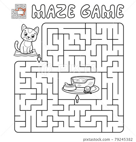 Maze puzzle game for children. Outline maze or labyrinth game with cat. 79245382