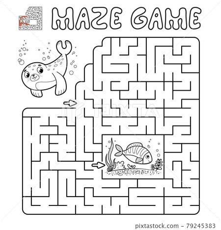 Maze puzzle game for children. Outline maze or labyrinth game with seal. Maze puzzle game for children. Outline maze or labyrinth game with seal. 79245383