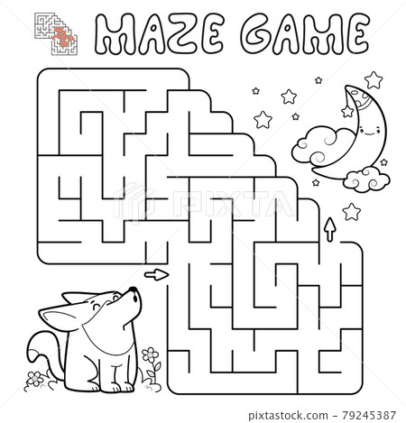 Maze puzzle game for children. Outline maze or labyrinth game with wolf. Maze puzzle game for children. Outline maze or labyrinth game with wolf. 79245387
