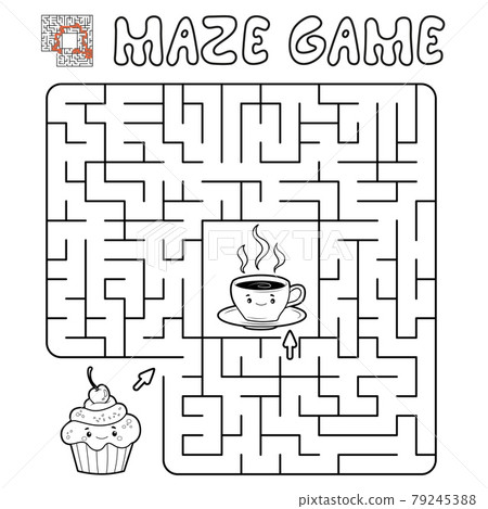Maze puzzle game for children. Outline maze or labyrinth game with cake and tea. Maze puzzle game for children. Outline maze or labyrinth game with cake and tea. 79245388