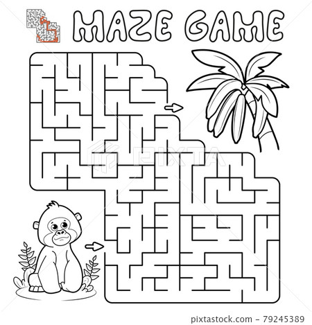 Maze puzzle game for children. Outline maze or labyrinth game with gorilla. Monkey and bananas Maze puzzle game for children. Outline maze or labyrinth game with gorilla. Monkey and bananas 79245389