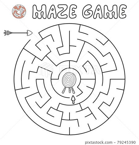 Maze puzzle game for children. Outline maze or labyrinth game with arrow and target. 79245390