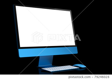 Realistic blue computer screen display with keyboard and mouse isolated on black Realistic blue computer screen display with keyboard and mouse isolated on black 79246028