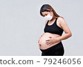Detail of a pregnant woman in mark and dressed in black clothes, with both hands holding the belly. 79246056