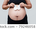 Close up of pregnant belly. Young beautiful pregnant woman standing on white background. 79246058