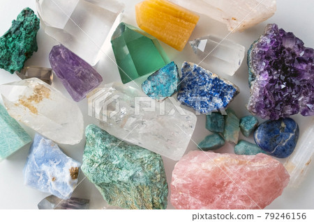Background of beautiful crystals and colorful gemstones 79246156