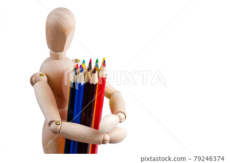 The concept of human artist. Wooden man holds color pencils on a white background. The concept of human artist. Wooden man holds color pencils on a white background. 79246374