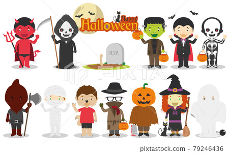 Set of Halloween characters, including Dracula, Frankenstein, devil, witch, skeleton, pumpkin, mummy and more. Vector illustration 79246436