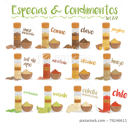 Set of 12 different culinary species and condiments in cartoon style. Set 2 of 2. Spanish names. 79246611