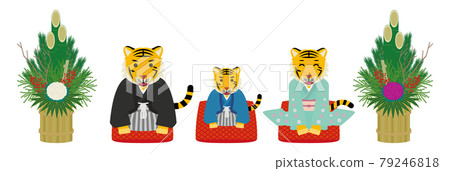 Japanese-style tiger parent and child and Kadomatsu 2022 New Year's card material Japanese-style tiger parent and child and Kadomatsu 2022 New Year's card material 79246818