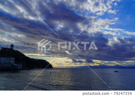 Fujisawa City, Kanagawa Prefecture Enoshima and Sagami Bay at dusk 79247359