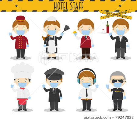 Covid 19 Health Emergency Special Edition: Vector Set of Hotel Staff Professions with surgical masks and latex gloves in cartoon style 79247828