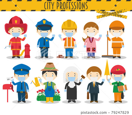 Covid 19 Health Emergency Special Edition: Vector Set of City Professions with surgical masks and latex gloves in cartoon style 79247829