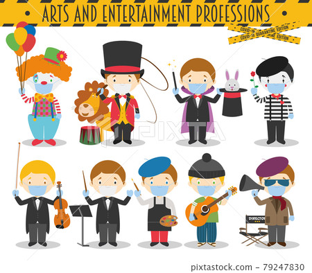 Covid 19 Health Emergency Special Edition: Vector Set of Arts and Entertainment Professions with surgical masks and latex gloves in cartoon style 79247830