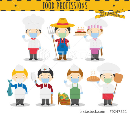 Covid 19 Health Emergency Special Edition: Vector Set of Food Industry Professions with surgical masks and latex gloves in cartoon style 79247831