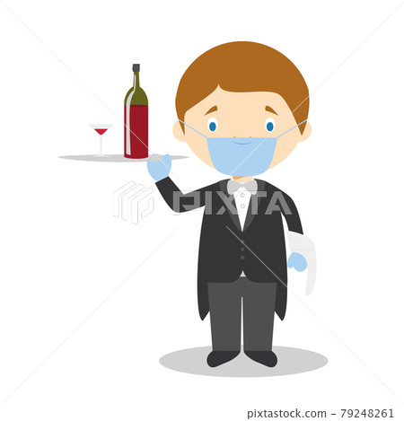 Cute cartoon vector illustration of a waiter with surgical mask and latex gloves as protection against a health emergency Cute cartoon vector illustration of a waiter with surgical mask and latex gloves as protection against a health emergency 79248261