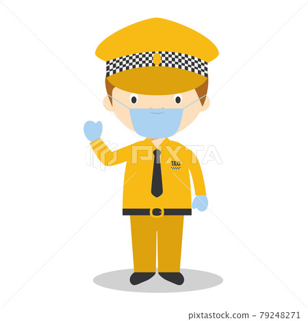 Cute cartoon vector illustration of a taxi driver with surgical mask and latex gloves as protection against a health emergency Cute cartoon vector illustration of a taxi driver with surgical mask and latex gloves as protection against a health emergency 79248271