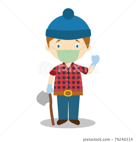 Cute cartoon vector illustration of a lumberjack with surgical mask and latex gloves as protection against a health emergency Cute cartoon vector illustration of a lumberjack with surgical mask and latex gloves as protection against a health emergency 79248314