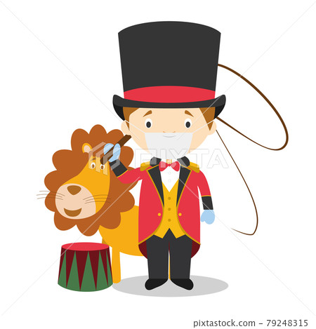 Cute cartoon vector illustration of a lion tamer with surgical mask and latex gloves as protection against a health emergency Cute cartoon vector illustration of a lion tamer with surgical mask and latex gloves as protection against a health emergency 79248315