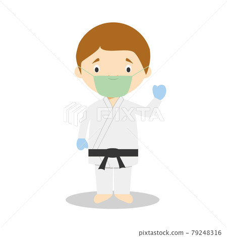 Cute cartoon vector illustration of a karateka with surgical mask and latex gloves as protection against a health emergency Cute cartoon vector illustration of a karateka with surgical mask and latex gloves as protection against a health emergency 79248316