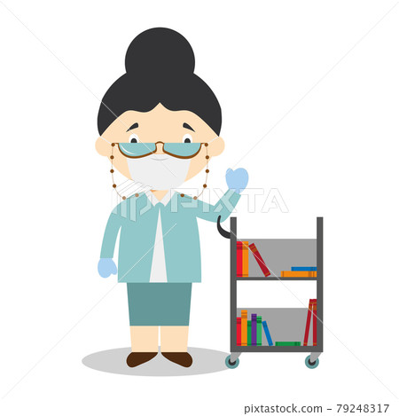 Cute cartoon vector illustration of a librarian with surgical mask and latex gloves as protection against a health emergency Cute cartoon vector illustration of a librarian with surgical mask and latex gloves as protection against a health emergency 79248317