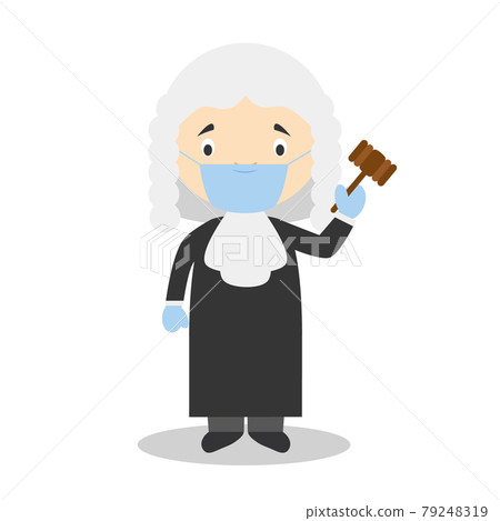 Cute cartoon vector illustration of a judge with surgical mask and latex gloves as protection against a health emergency Cute cartoon vector illustration of a judge with surgical mask and latex gloves as protection against a health emergency 79248319