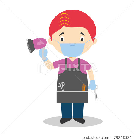 Cute cartoon vector illustration of a hairdresser with surgical mask and latex gloves as protection against a health emergency 79248324
