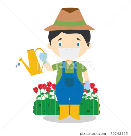 Cute cartoon vector illustration of a gardener with surgical mask and latex gloves as protection against a health emergency 79248325