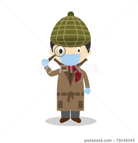 Cute cartoon vector illustration of a detective with surgical mask and latex gloves as protection against a health emergency 79248343
