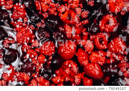 Background of berries jelly raspberry texture. Red berries, macro. Top view, flat lay Background of berries jelly raspberry texture. Red berries, macro. Top view, flat lay 79249187