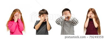 Art collage made of portraits of little kids closing eyes isolated on white studio background. Human emotions, facial expression concept Art collage made of portraits of little kids closing eyes isolated on white studio background. Human emotions, facial expression concept 79249359
