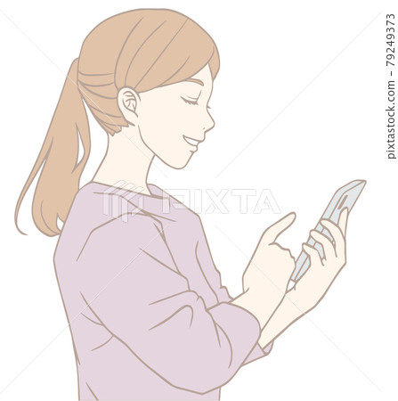 Profile of a woman looking at a smartphone (pastel color) Profile of a woman looking at a smartphone (pastel color) 79249373
