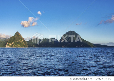 Sailing to the Pitons in the Caribbean Sea at Soufriere, St. Lucia, Lesser Antilles Sailing to the Pitons in the Caribbean Sea at Soufriere, St. Lucia, Lesser Antilles 79249479
