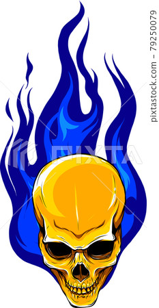 gold human skull with blue flames and fire vector illustration gold human skull with blue flames and fire vector illustration 79250079