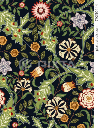 Floral seamless pattern with big flowers and foliage on dark background. Vector illustration. Floral seamless pattern with big flowers and foliage on dark background. Vector illustration. 79250444