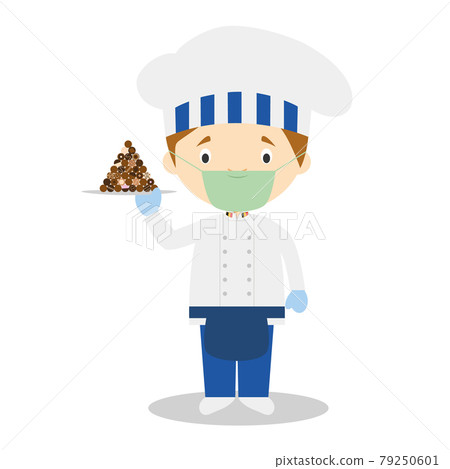 Pastry Chef Character with chocolates typical of Belgium and with surgical mask and latex gloves as protection against a health emergency 79250601
